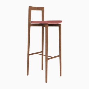 Chaise de Bar Moderne Linea 615 Grise en Cuir Rouge et Bois par Collector Studio
