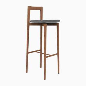 Chaise de Bar Linea 622 Moderne en Cuir Noir et Bois par Collector Studio