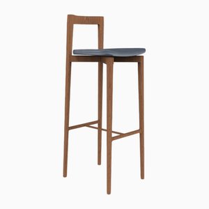 Modern Linea 624 Grey Bar Chair in Blue Leather and Wood by Collector Studio