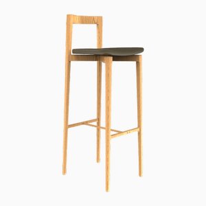 Chaise de Bar Linea 632 Grise en Cuir Vert et Bois de Chêne Moderne par Collector Studio