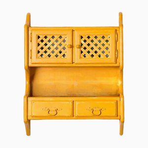 Antique Spanish Wall Cupboard with Drawers and Doors Painted in Yellow.