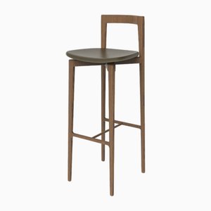 Moderner Linea 632 Grauer Barstuhl aus Grünem Leder & Nussholz von Collector Studio