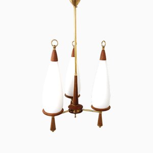 Vintage Teak Chandelier with White Glass Shades, 1960s