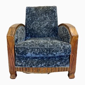 Art Deco Blue Velvet Lounge Chair