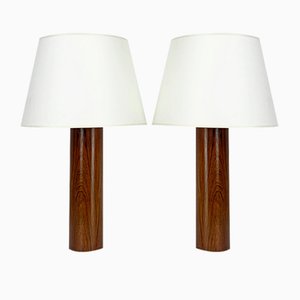 Cylinder Teak Table Lamps by Uno & Östen Kristiansson for Luxus, Sweden, 1960s, Set of 2