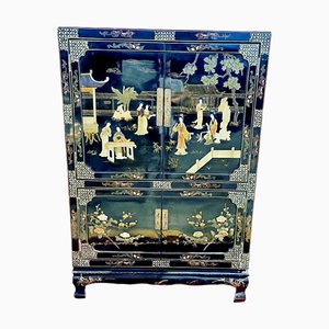 Vintage Chinesse Lacquered Wood and Pietra Dura Cabinet with Doors