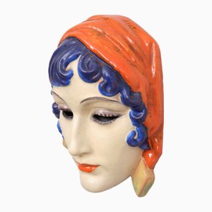 Art Deco Polychrome Wall Mask by Rudolf Podany for Keramos, 1930s