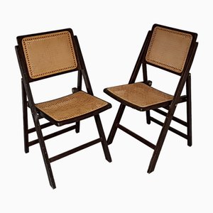 Wood and Rattan Folding Chair, 1970s, Set of 2