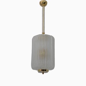 Art Deco Brass & Murano Glass Lantern Chandelier attributed to Tomaso Buzzi, 1980s