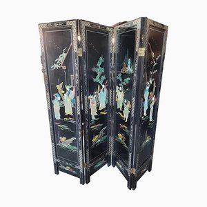 Chinese Black Lacquered and Carved Soapstone 4 Panel Folding Screen