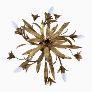 Florentine Ceiling Light 5 Gilded Iron Lights with Flowers and 80s Leaves, 1980s