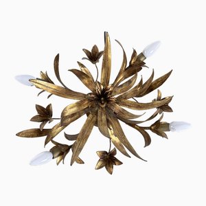 Florentine Ceiling Light with 4 Gilded Iron Lights, Flowers and 80s Leaves, 1980s