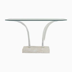 Travertine Marble Console Table with Glass, 1970s