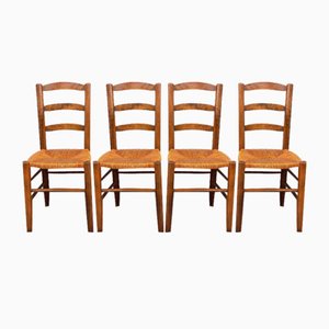 Chaises Vintage Brutaliste en Bois et Paille, 1960s, Set de 4