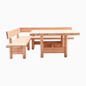 Dining Table and Benches in Larch by Rainer Daumiller, 1980s, Set of 3