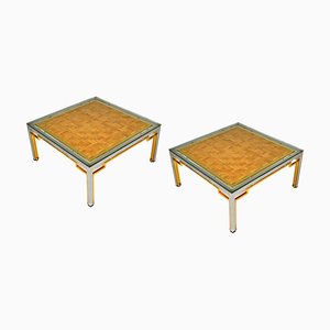 Tavolini da caffè con ripiano in bambù, struttura in metallo cromato e ottone dorato, Italia, anni '70, set di 2