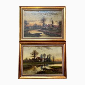 Arthur Cole, Punts on the River, Oil Paintings, 1890s, Framed, Set of 2