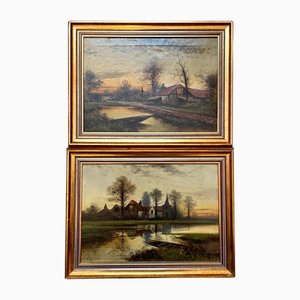 Peintures à l'Huile Arthur Cole, Punts on the River, 1890s, Encadré, Set de 2