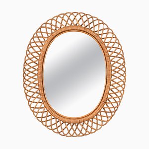 Oval Mirror in Rattan, Wicker & Bamboo, French Riviera, Italy, 1960s