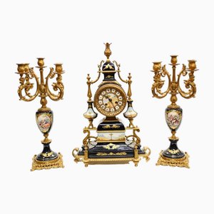 French Clock Set Garniture Candelabras in Floral Porcelain, Set of 3