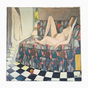 Nude on Couch, 1950s, Large Oil on Canvas, Framed