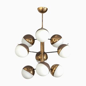 Large Pendant Light in Brass and Opaline Glass from Stilnovo, Italy, 1950s