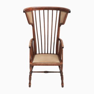 French Arts and Crafts High Back Spindle Wood Winged Armchair, 1900s