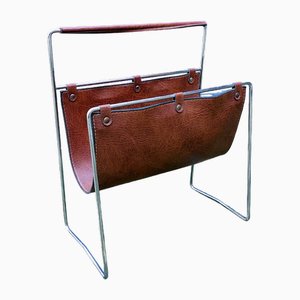 Leather and Steel Magazine Rack, 1960s