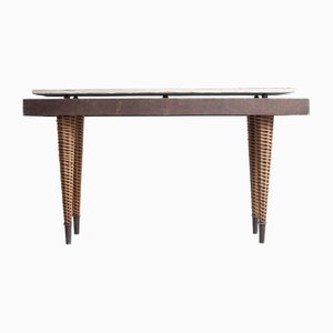 Mid-Century Italian Console Table with Rattan Legs and Folk Art Stone Engravings