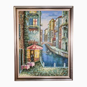 Venetian Street Scene, 1990s, Large Oil on Canvas, Framed