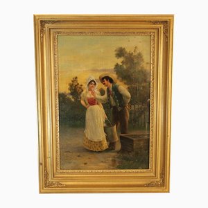 J. Montreu, Scene at the Fountain, 19th Century, Oil on Wood, Framed