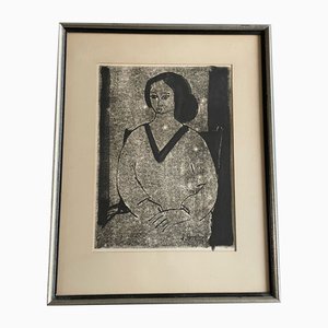 Artiste néerlandais, portrait, gravure sur bois, 1963, encadré