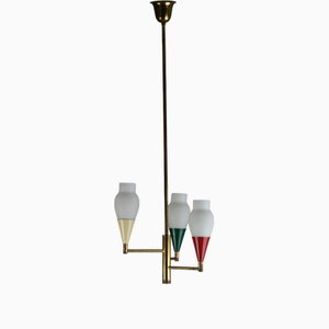 Lampadario in ottone dal design moderno con dettagli in metallo colorato, Italia, anni '50