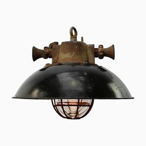 Lampe à Suspension d'Usine Industrielle Vintage en Émail Noir et Fonte