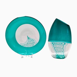 Postmodern Teal Murano Glass Plate and Vase by La Murrina, Italy, 1970s, Set of 2