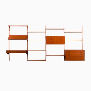 Four Bay Teak Wall Unit with Desk, 2 Cabinets and Magazines Shelf by Hansen & Guldborg, Denmark, 1960s