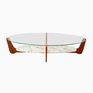 Oval Coffee Table in Teak, Marble and Glass, 1970s