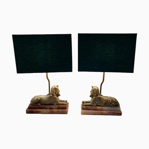 Egyptian Art Deco Sphinx Table Lamps on Marble Bases, Set of 2