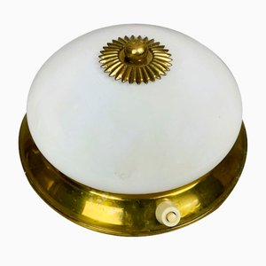 Small White Opaline Glass and Brass Flush Mount, 1970s