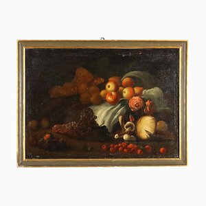 Still Life of Fruit and Mushrooms, Oil on Canvas, Framed