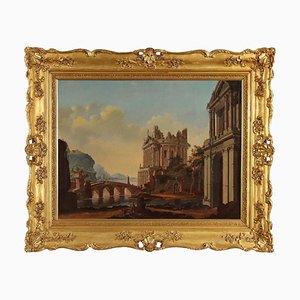 Landscape with Architectural Caprices, Oil on Canvas, Framed