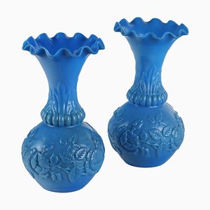 Blue Lattimo Glass Vases, Set of 2