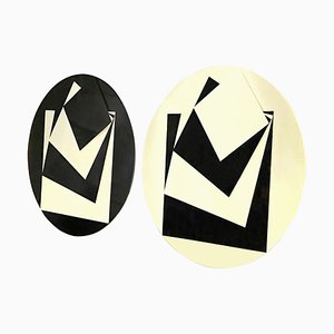 Obras de arte inglesas vintage redondas en blanco y negro, años 60. Juego de 2