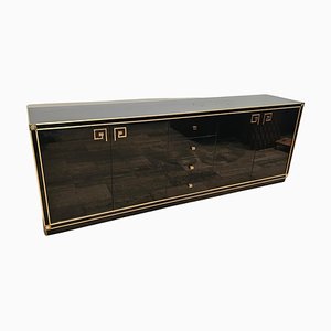 Black Lacquered Credenza with Brass Details, 1980