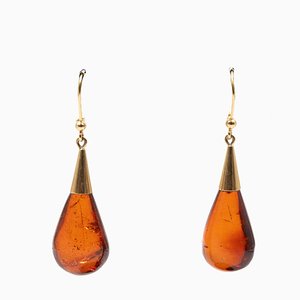 Vintage 18k Yellow Gold and Amber Drop Earrings, 1970s, Set of 2