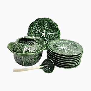 Art Nouveau Majolica Glazed Tableware with Leaves Pattern in Relief, 1930s, Set of 10
