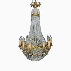 French Brass & Crystal Sac De Pearl Chandelier