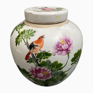 20th Century Chinese Porcelain Covered Pot with Bird Decoration Markings