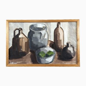 Pots & Fruits Verts, Peinture à l'Huile, 1950s, Encadré