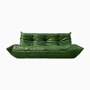 Vintage Togo 3-Sitzer Sofa aus waldgrünem Leder von Michel Ducaroy für Ligne Roset
